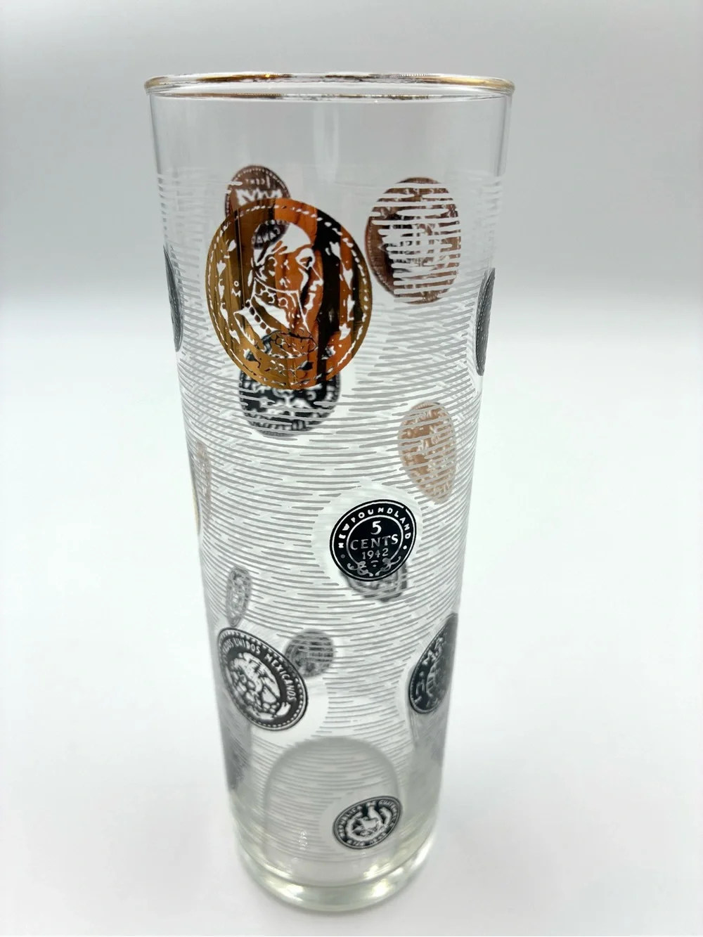 VTG Libbey Tom Collins Glasses Set of 6 International Coins Black Gold MCM 7